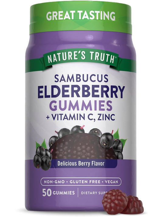 Nature's Truth Bio-Holunderbeeren Gummibärchen | 50 vegane Gummis | mit Vitamin C und Zink | Beerengeschmack | Vegan, Non-GMO und Glutenfrei