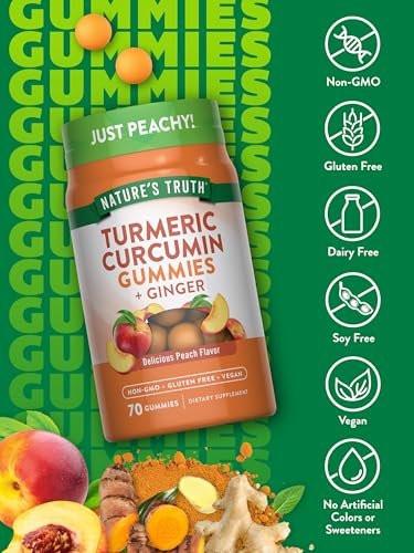 Nature's Truth Kurkuma & Ingwer Gummibärchen | 70 Stück | Pfirsichgeschmack | Vegan, Ohne Gentechnik & Glutenfrei