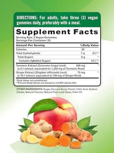 Nature's Truth Kurkuma & Ingwer Gummibärchen | 70 Stück | Pfirsichgeschmack | Vegan, Ohne Gentechnik & Glutenfrei