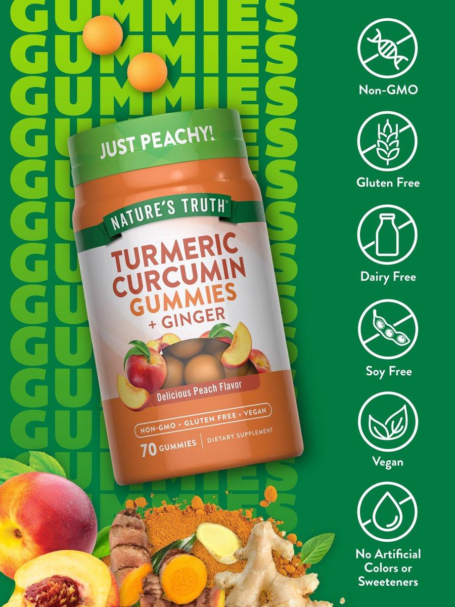 Nature's Truth Kurkuma & Ingwer Gummibärchen | 70 Stück | Pfirsichgeschmack | Vegan, Ohne Gentechnik & Glutenfrei