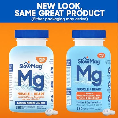 SlowMag Muscle & Heart Magnesiumchlorid-Supplement mit Calcium, 180 Tabletten – Unterstützt Muskelentspannung, Herz-, Nerven- und Knochengesundheit, hohe Absorption