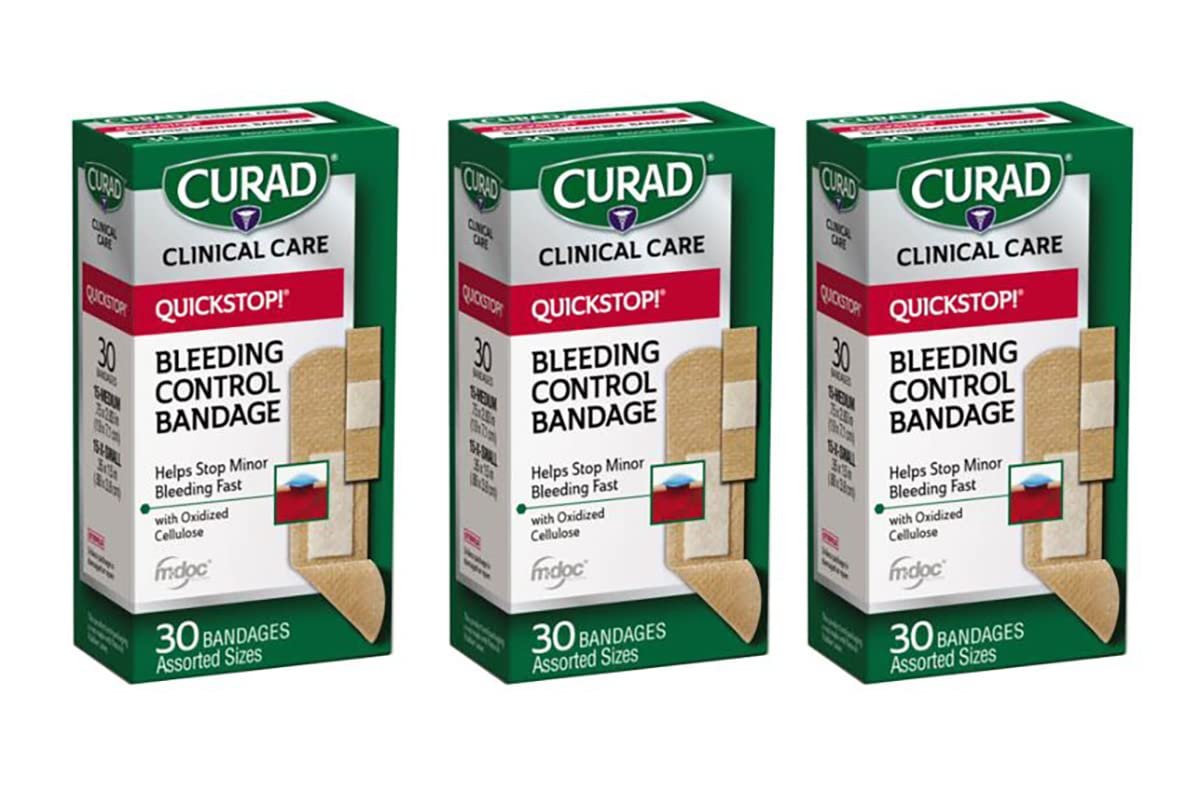 Curad Quickstop Flex-Fabric Wundverbände mit Blutstillungstechnologie, verschiedene Größen, 30 Stück (3er-Pack)