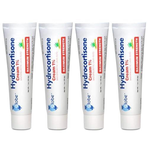 Globe (4er-Pack) Hydrocortison Maximum Stärke Anti-Juckreiz Creme 1% mit Aloe Vera – Intensive Formel gegen Rötungen, Hautausschlag, Insektenstiche, Ekzeme, Hämorrhoiden, empfindliche Haut – sofortige Juckreizlinderung, 1 oz Tube