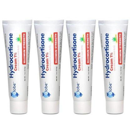 Globe (4er-Pack) Hydrocortison Maximum Stärke Anti-Juckreiz Creme 1% mit Aloe Vera – Intensive Formel gegen Rötungen, Hautausschlag, Insektenstiche, Ekzeme, Hämorrhoiden, empfindliche Haut – sofortige Juckreizlinderung, 1 oz Tube