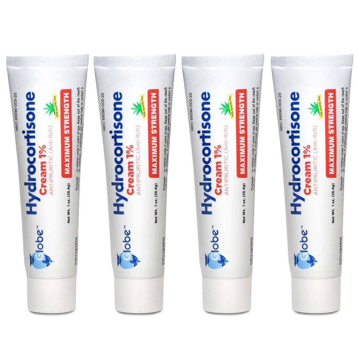 Globe (4er-Pack) Hydrocortison Maximum Stärke Anti-Juckreiz Creme 1% mit Aloe Vera – Intensive Formel gegen Rötungen, Hautausschlag, Insektenstiche, Ekzeme, Hämorrhoiden, empfindliche Haut – sofortige Juckreizlinderung, 1 oz Tube