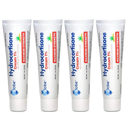 Globe (4er-Pack) Hydrocortison Maximum Stärke Anti-Juckreiz Creme 1% mit Aloe Vera – Intensive Formel gegen Rötungen, Hautausschlag, Insektenstiche, Ekzeme, Hämorrhoiden, empfindliche Haut – sofortige Juckreizlinderung, 1 oz Tube