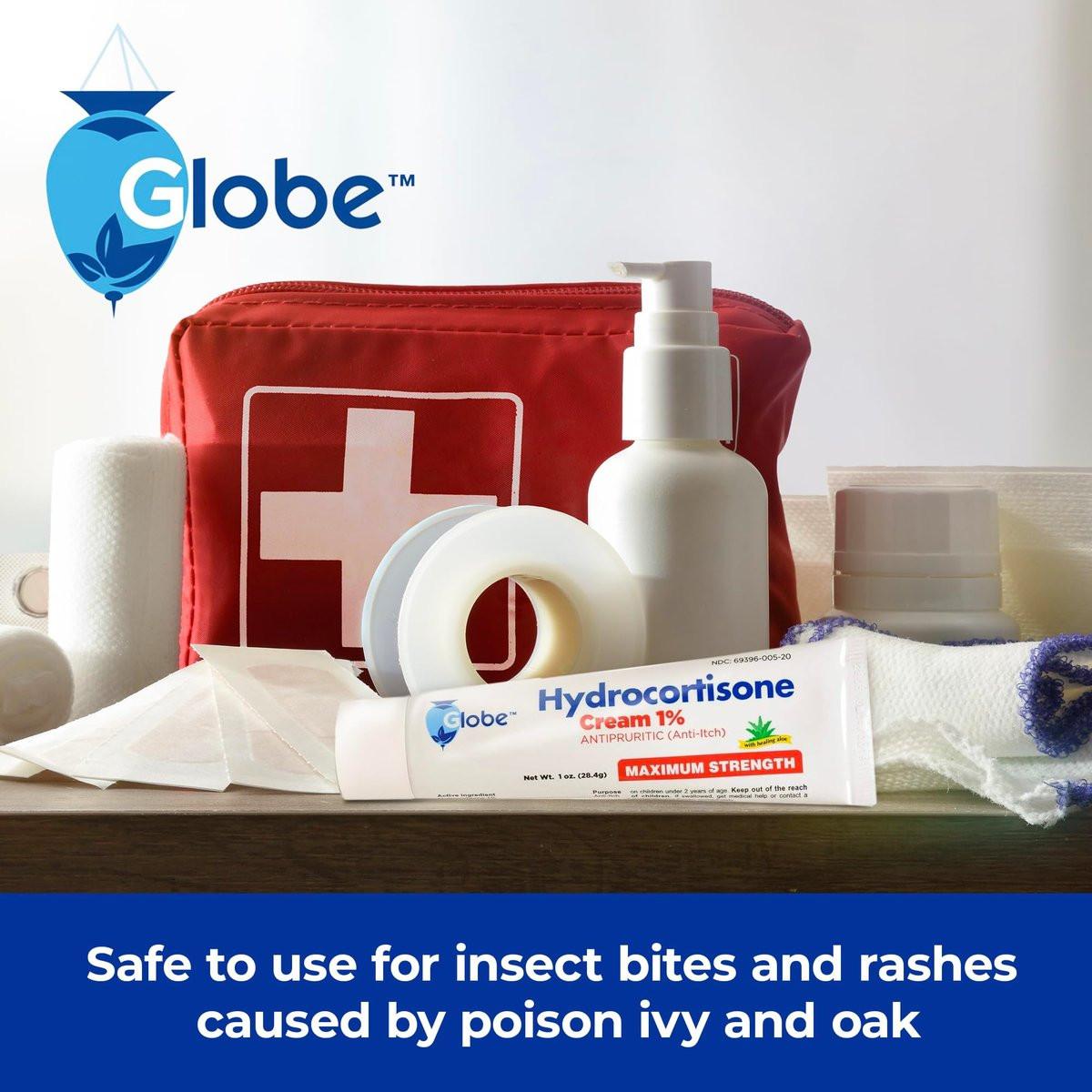 Globe (4er-Pack) Hydrocortison Maximum Stärke Anti-Juckreiz Creme 1% mit Aloe Vera – Intensive Formel gegen Rötungen, Hautausschlag, Insektenstiche, Ekzeme, Hämorrhoiden, empfindliche Haut – sofortige Juckreizlinderung, 1 oz Tube