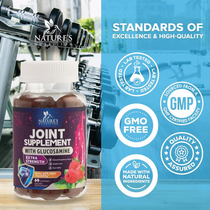 Nature's Nutrition Gelenkunterstützung Gummibärchen - Glucosamine Plus Vitamin E für gelegentliche Beschwerden in Rücken, Knien & Händen - Knorpel- & Gelenkgesundheit & Flexibilität - 60 Gummibärchen