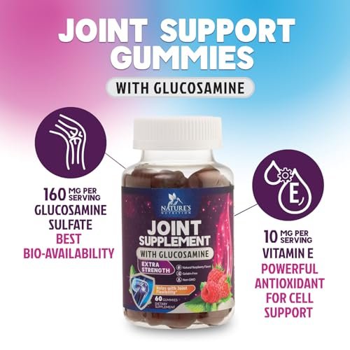 Nature's Nutrition Gelenkunterstützung Gummibärchen - Glucosamine Plus Vitamin E für gelegentliche Beschwerden in Rücken, Knien & Händen - Knorpel- & Gelenkgesundheit & Flexibilität - 60 Gummibärchen