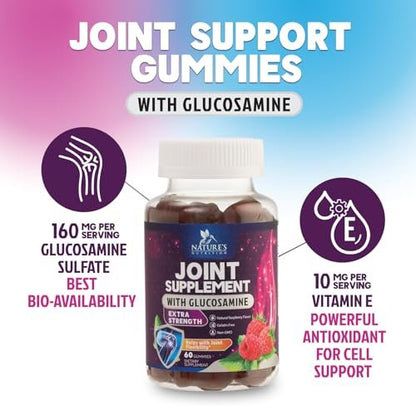 Nature's Nutrition Gelenkunterstützung Gummibärchen - Glucosamine Plus Vitamin E für gelegentliche Beschwerden in Rücken, Knien & Händen - Knorpel- & Gelenkgesundheit & Flexibilität - 60 Gummibärchen