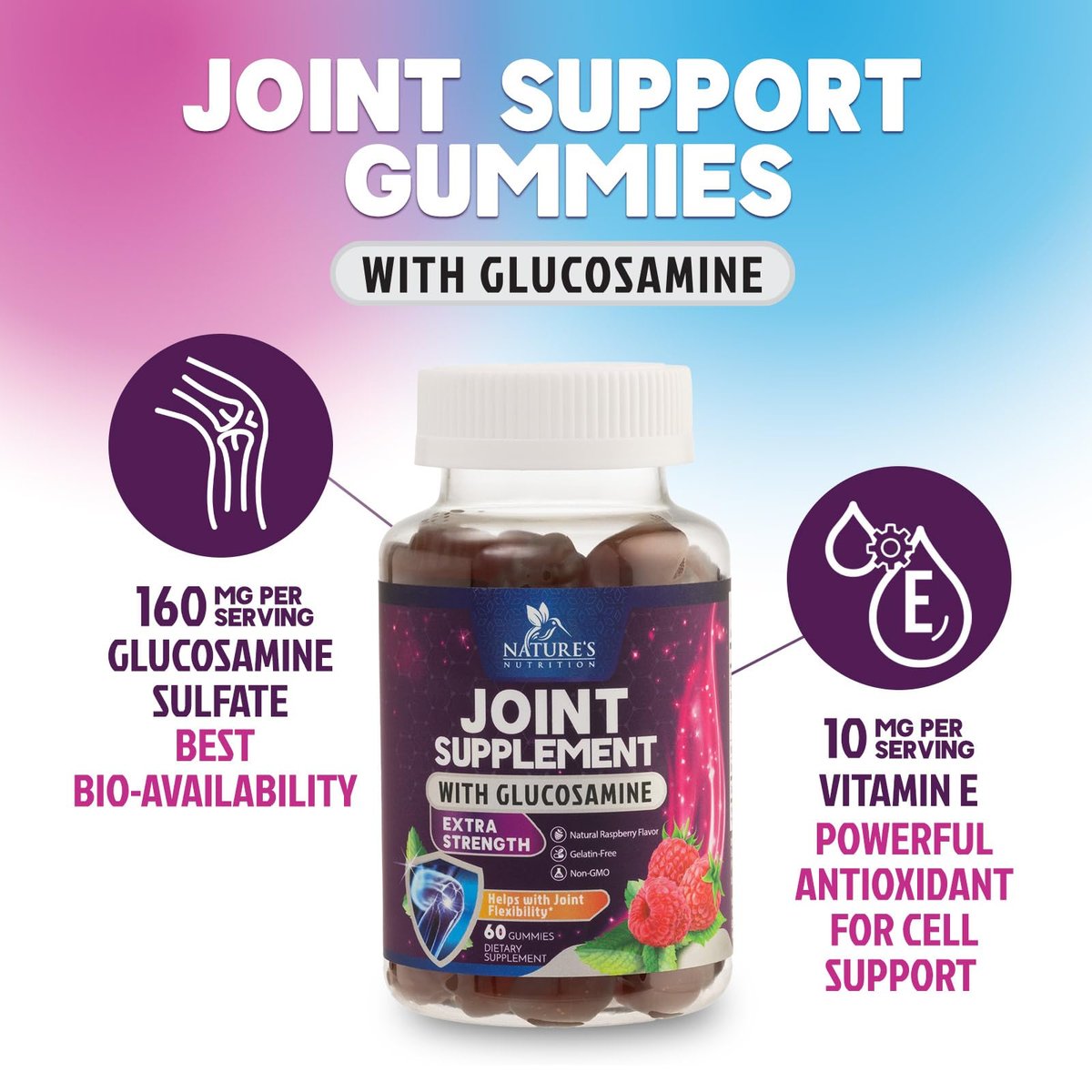 Nature's Nutrition Gelenkunterstützung Gummibärchen - Glucosamine Plus Vitamin E für gelegentliche Beschwerden in Rücken, Knien & Händen - Knorpel- & Gelenkgesundheit & Flexibilität - 60 Gummibärchen