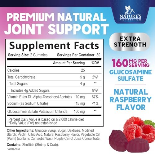 Nature's Nutrition Gelenkunterstützung Gummibärchen - Glucosamine Plus Vitamin E für gelegentliche Beschwerden in Rücken, Knien & Händen - Knorpel- & Gelenkgesundheit & Flexibilität - 60 Gummibärchen