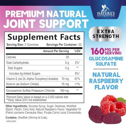 Nature's Nutrition Gelenkunterstützung Gummibärchen - Glucosamine Plus Vitamin E für gelegentliche Beschwerden in Rücken, Knien & Händen - Knorpel- & Gelenkgesundheit & Flexibilität - 60 Gummibärchen