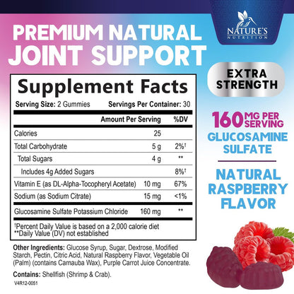 Nature's Nutrition Gelenkunterstützung Gummibärchen - Glucosamine Plus Vitamin E für gelegentliche Beschwerden in Rücken, Knien & Händen - Knorpel- & Gelenkgesundheit & Flexibilität - 60 Gummibärchen