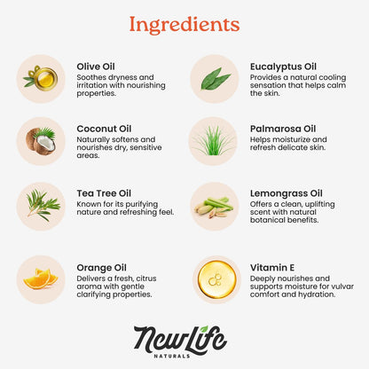 NewLife Naturals Feuchtigkeitsspray für die Intimzone – Vaginaler Feuchtigkeitsspender bei Trockenheit, Juckreiz, Irritationen, pH-Unterstützung in den Wechseljahren mit Olivenöl, Zitronengras und mehr – 60 ml