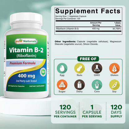 Best Naturals Vitamin B2 (Riboflavin) 400 mg – Migräne Linderung – Vegane Kapseln – Coenzym-Vorstufe – 120 Stück