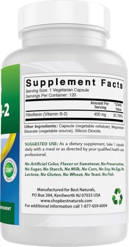 Best Naturals Vitamin B2 (Riboflavin) 400 mg – Migräne Linderung – Vegane Kapseln – Coenzym-Vorstufe – 120 Stück