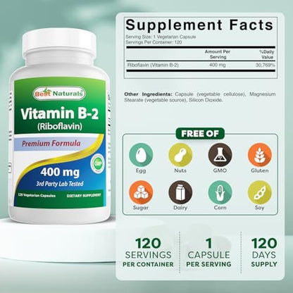 Best Naturals Vitamin B2 (Riboflavin) 400 mg – Migräne Linderung – Vegane Kapseln – Coenzym-Vorstufe – 120 Stück