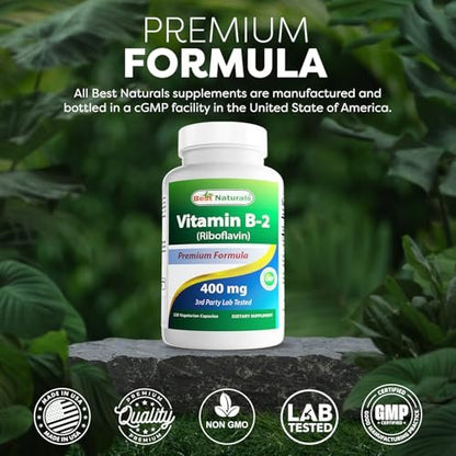 Best Naturals Vitamin B2 (Riboflavin) 400 mg – Migräne Linderung – Vegane Kapseln – Coenzym-Vorstufe – 120 Stück