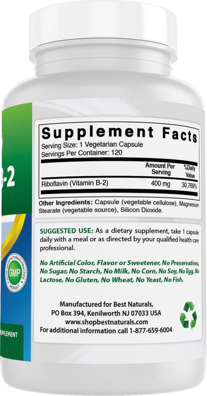 Best Naturals Vitamin B2 (Riboflavin) 400 mg – Migräne Linderung – Vegane Kapseln – Coenzym-Vorstufe – 120 Stück