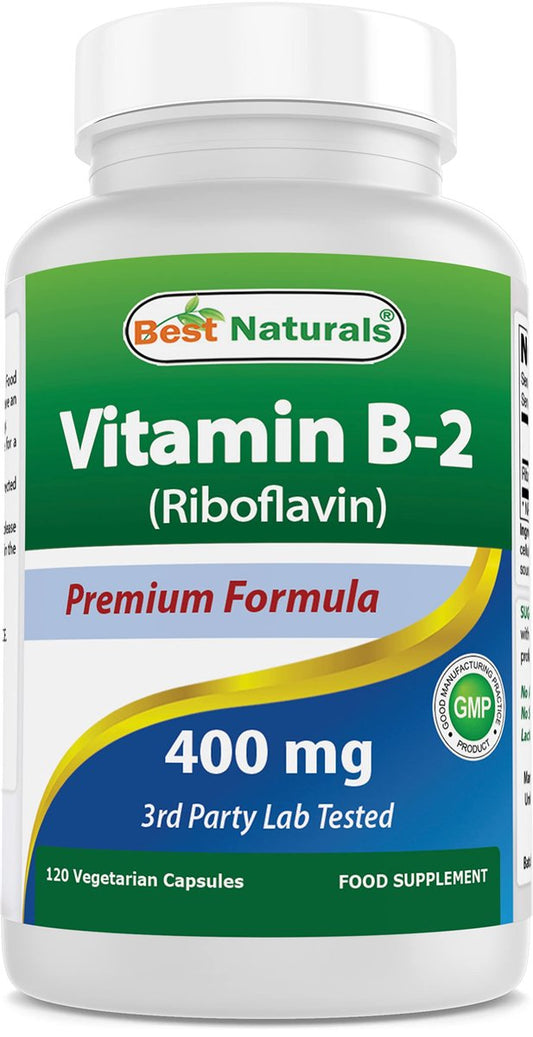 Best Naturals Vitamin B2 (Riboflavin) 400 mg – Migräne Linderung – Vegane Kapseln – Coenzym-Vorstufe – 120 Stück