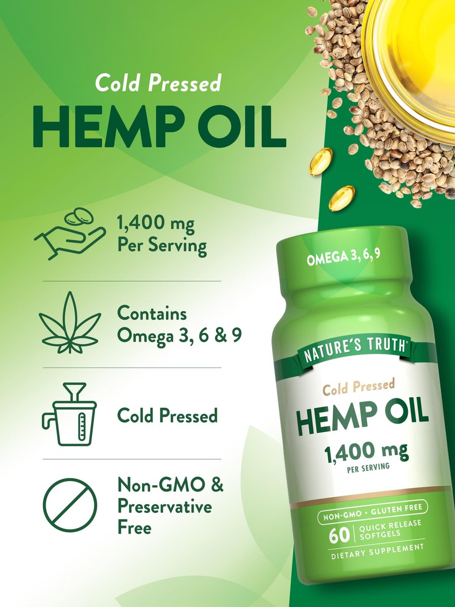 Nature's Truth Hanföl Weichkapseln | 1400 mg | 60 Stück | Omega 3-6-9 | Kaltgepresst | Nicht-GVO & Glutenfrei