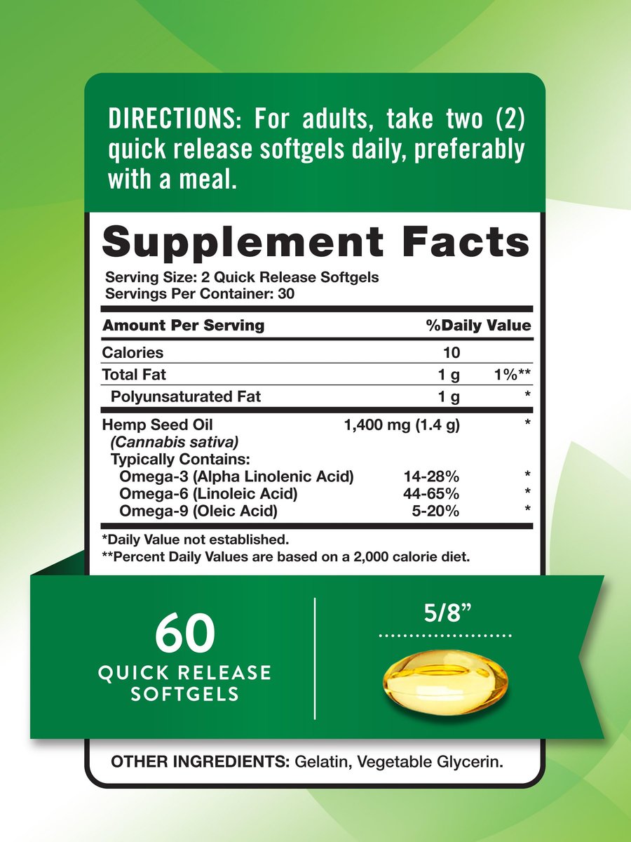 Nature's Truth Hanföl Weichkapseln | 1400 mg | 60 Stück | Omega 3-6-9 | Kaltgepresst | Nicht-GVO & Glutenfrei