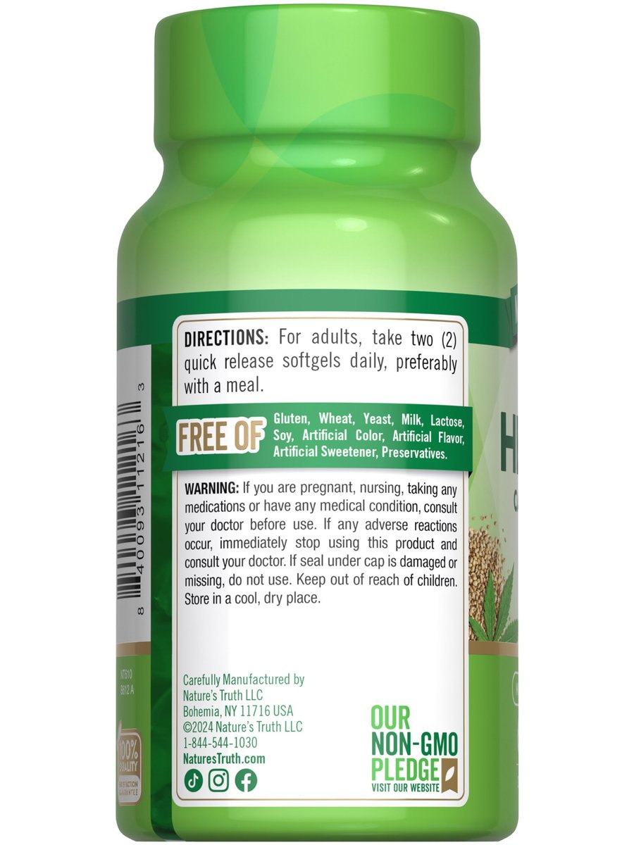 Nature's Truth Hanföl Weichkapseln | 1400 mg | 60 Stück | Omega 3-6-9 | Kaltgepresst | Nicht-GVO & Glutenfrei