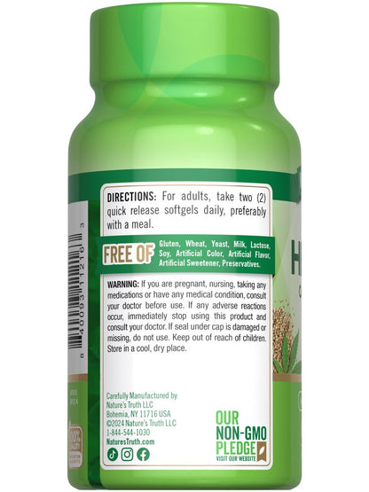 Nature's Truth Hanföl Weichkapseln | 1400 mg | 60 Stück | Omega 3-6-9 | Kaltgepresst | Nicht-GVO & Glutenfrei