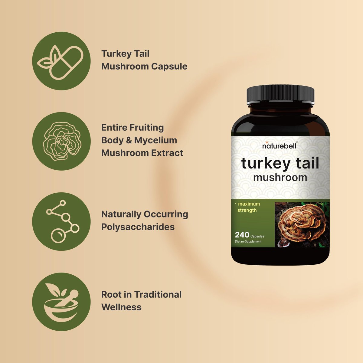 NatureBell Truthahnschwanz-Extrakt Kapseln, 600 mg pro Portion, 240 Stück
