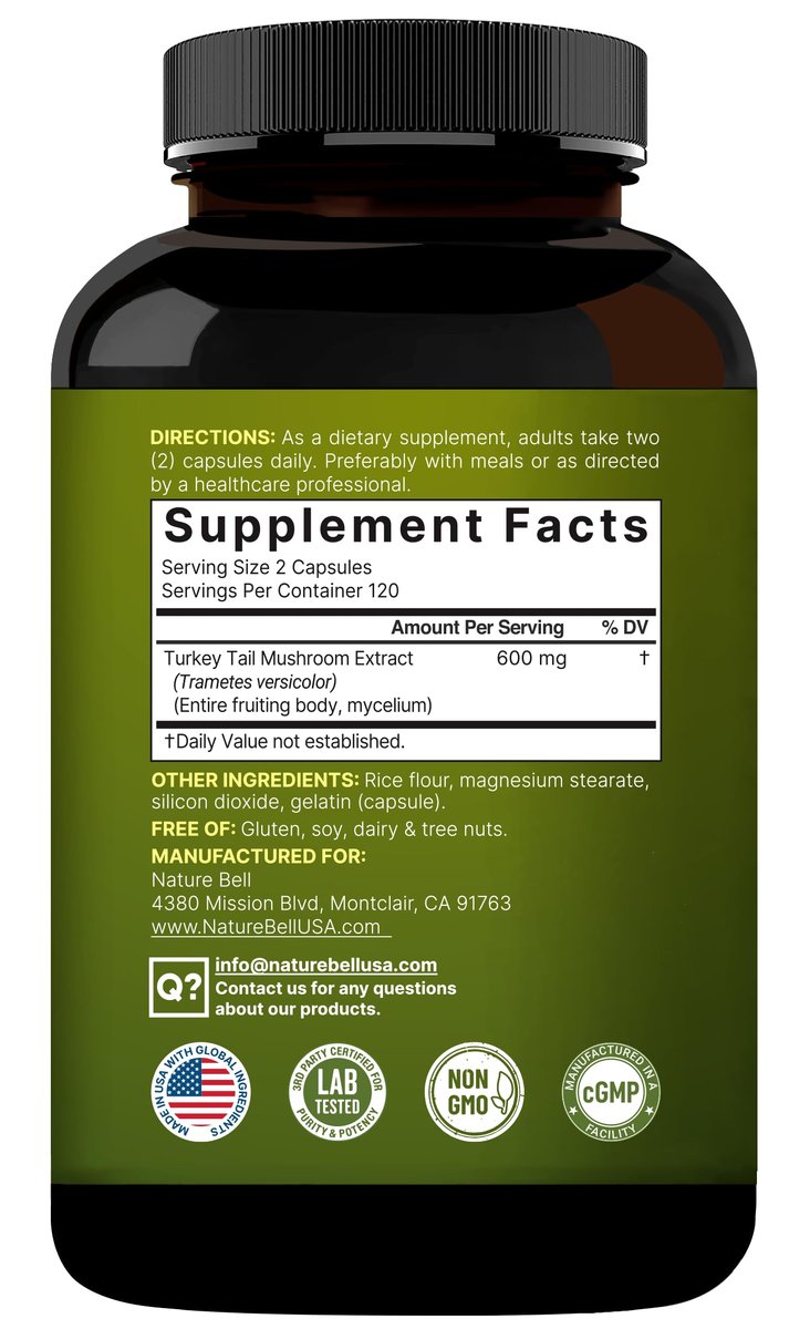 NatureBell Truthahnschwanz-Extrakt Kapseln, 600 mg pro Portion, 240 Stück