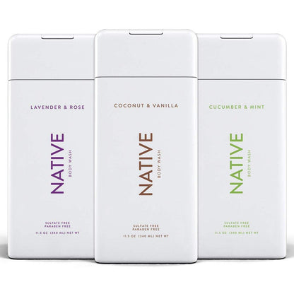 Native Duschgel 3er-Pack – Natürliches Duschgel für Damen & Herren – SLS- & Parabenfrei – Gurke & Minze, Kokos & Vanille, Lavendel & Rose