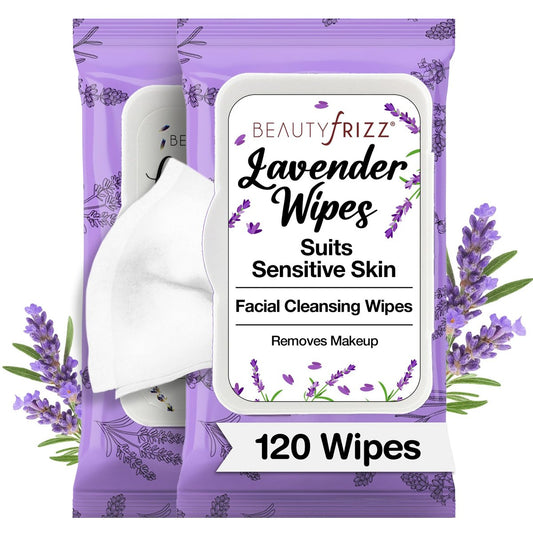 BeautyFrizz Lavendel-Gesichtstücher – 120 Stück – Sanfter Make-up-Entferner und Gesichtsreinigungstücher ohne Abspülen – mit Aloe, Rizinus, Vitamin A und E – für empfindliche Haut – feuchtigkeitsspendend – extra weich