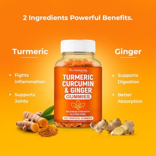 Turmeric Gummis für Erwachsene und Kinder | Hochdosiertes Kurkuma und Ingwer Präparat | Vegane, organische, natürliche Kurkuma-Gummis für die allgemeine Gesundheit | Bestes Curcumin-Präparat mit Ingwer