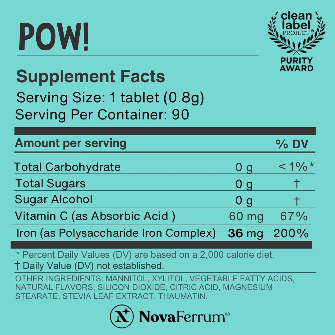 NovaFerrum Pow | Kaubares Eisenpräparat für Kinder & Erwachsene ab 12 Jahren | Anämie | 36 mg Eisen | 90 Portionen | Zuckerfrei