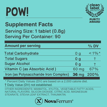 NovaFerrum Pow | Kaubares Eisenpräparat für Kinder & Erwachsene ab 12 Jahren | Anämie | 36 mg Eisen | 90 Portionen | Zuckerfrei
