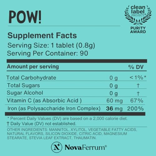 NovaFerrum Pow | Kaubares Eisenpräparat für Kinder & Erwachsene ab 12 Jahren | Anämie | 36 mg Eisen | 90 Portionen | Zuckerfrei