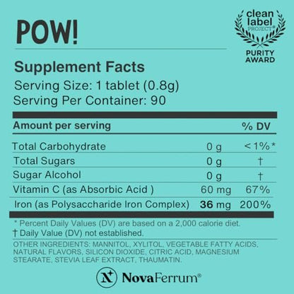 NovaFerrum Pow | Kaubares Eisenpräparat für Kinder & Erwachsene ab 12 Jahren | Anämie | 36 mg Eisen | 90 Portionen | Zuckerfrei