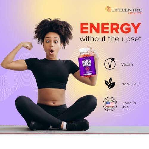 LifeCentricHealth Eisen Gummibärchen | Biotin Zink Vitamin B Folsäure Gummibärchen | Vegan Glutenfrei für Frauen & Männer