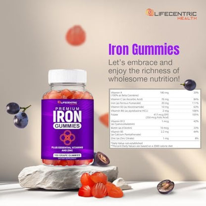 LifeCentricHealth Eisen Gummibärchen | Biotin Zink Vitamin B Folsäure Gummibärchen | Vegan Glutenfrei für Frauen & Männer