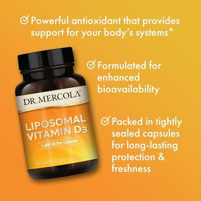 Dr. Mercola Liposomales Vitamin D3 – 1.000 IE pro Portion – Unterstützt Herz-, Knochen- und Immunsystem – Non-GMO, Sojafrei & Glutenfrei – 30 Kapseln (30 Portionen)
