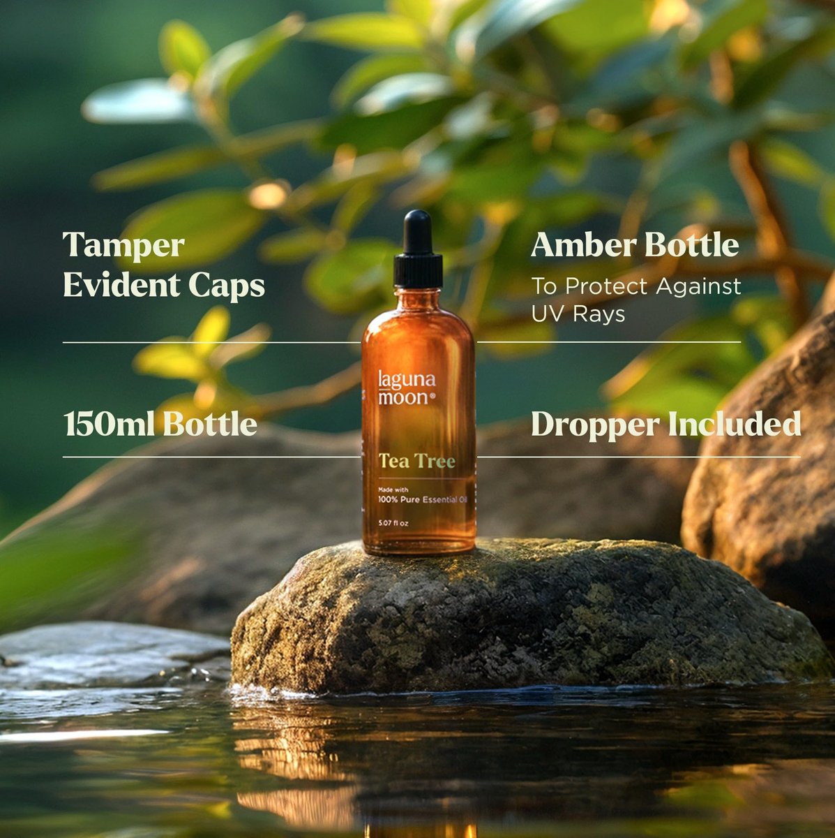 Lagunamoon Australisches Teebaumöl 150 ml – XXL Flasche mit Tropfer für Kerzenherstellung und Reinigungsprodukte – Duftöl für Aromatherapie, Entspannung, Diffuser, Yoga, Hauspflege