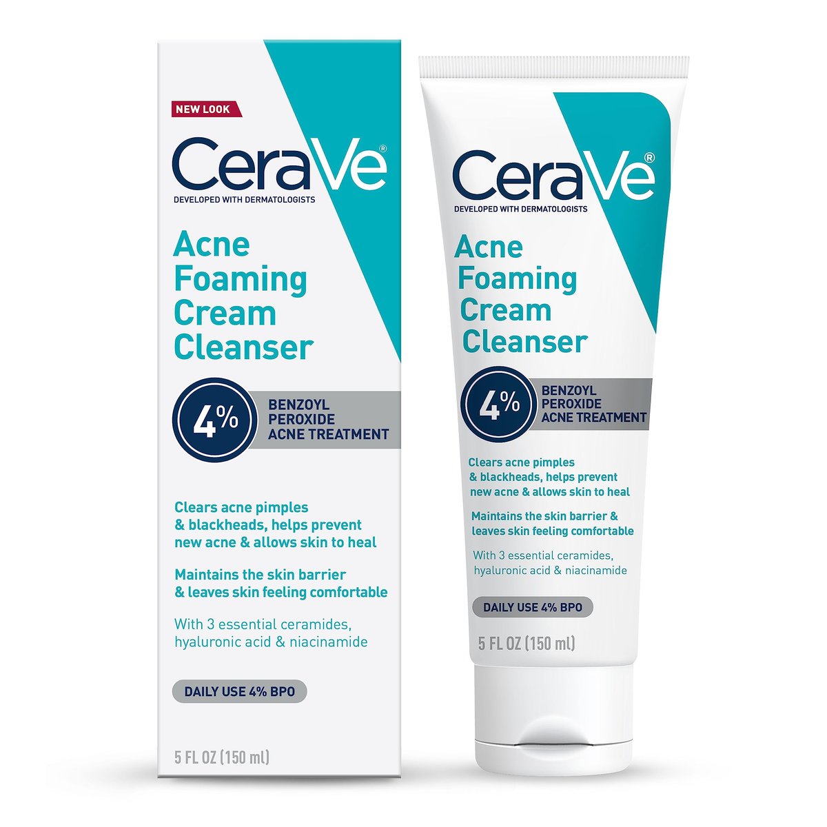 CeraVe Akne Schaumreiniger mit 4% Benzoylperoxid, Gesichtsreinigung mit Hyaluronsäure, Niacinamid & Ceramiden, sanfte tägliche Aknebehandlung für das Gesicht, 5 Fl Oz (148 ml)