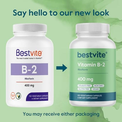 BESTVITE Vitamin B2 (Riboflavin) 400 mg – 120 vegane Kapseln – Hochdosiert für Energie, Haut & Zellgesundheit – Unterstützt das Nervensystem – Vegan, Nicht-GVO, Glutenfrei