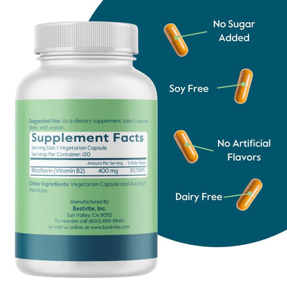 BESTVITE Vitamin B2 (Riboflavin) 400 mg – 120 vegane Kapseln – Hochdosiert für Energie, Haut & Zellgesundheit – Unterstützt das Nervensystem – Vegan, Nicht-GVO, Glutenfrei