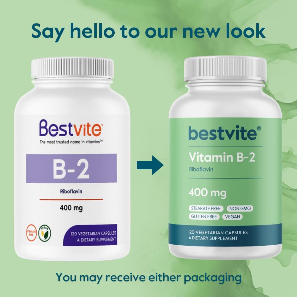 BESTVITE Vitamin B2 (Riboflavin) 400 mg – 120 vegane Kapseln – Hochdosiert für Energie, Haut & Zellgesundheit – Unterstützt das Nervensystem – Vegan, Nicht-GVO, Glutenfrei