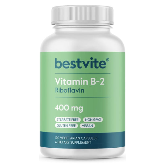 BESTVITE Vitamin B2 (Riboflavin) 400 mg – 120 vegane Kapseln – Hochdosiert für Energie, Haut & Zellgesundheit – Unterstützt das Nervensystem – Vegan, Nicht-GVO, Glutenfrei