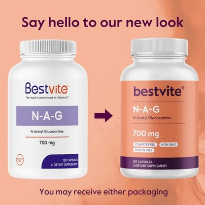 BESTVITE N-Acetyl Glucosamin (N-A-G) 700mg – 120 Kapseln – ohne Stearate – Nicht-GVO – Glutenfrei