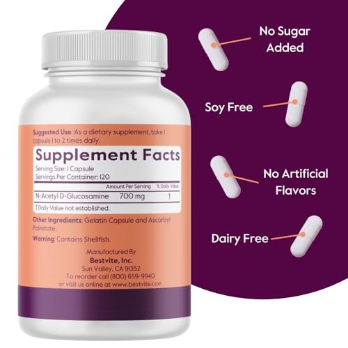BESTVITE N-Acetyl Glucosamin (N-A-G) 700mg – 120 Kapseln – ohne Stearate – Nicht-GVO – Glutenfrei