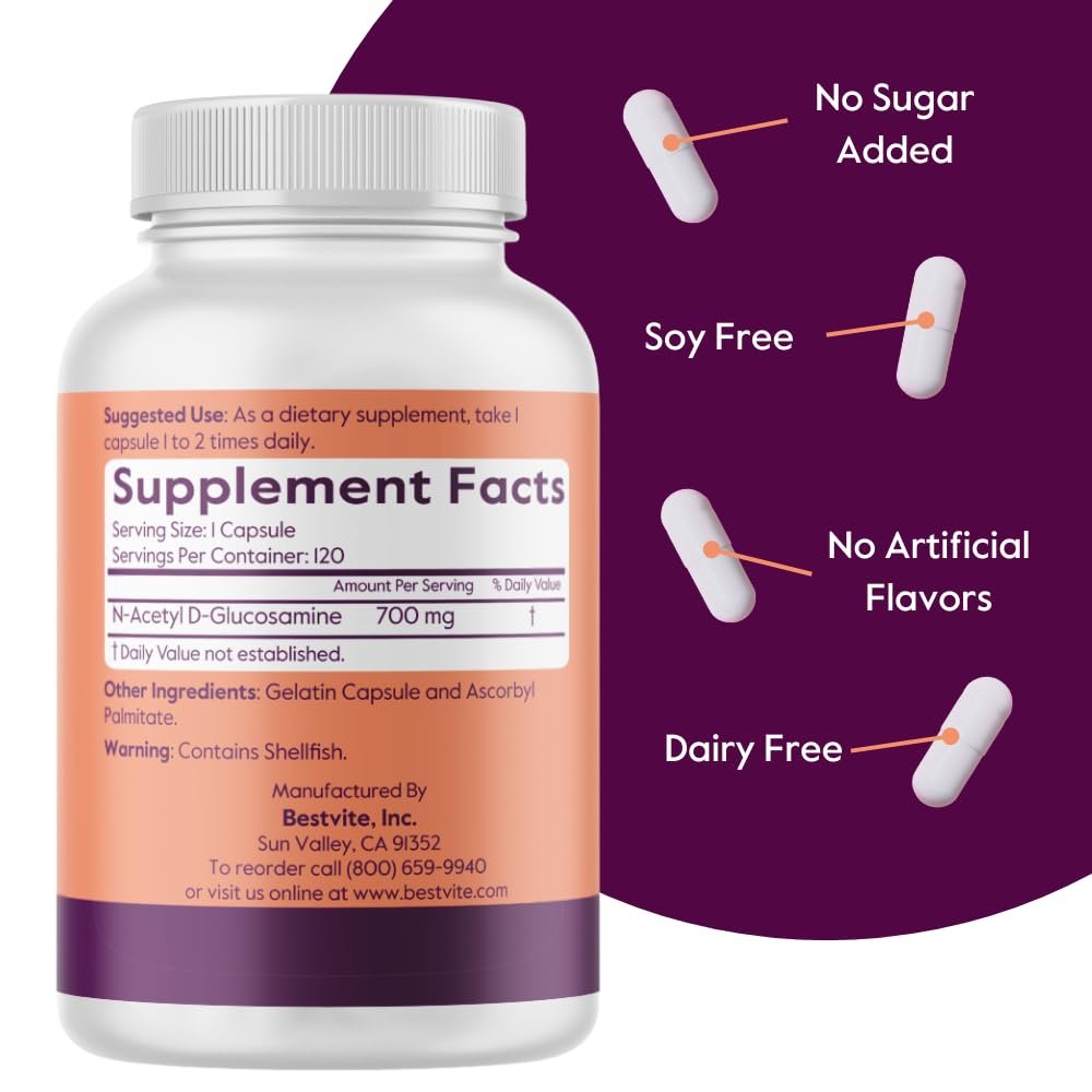 BESTVITE N-Acetyl Glucosamin (N-A-G) 700mg – 120 Kapseln – ohne Stearate – Nicht-GVO – Glutenfrei